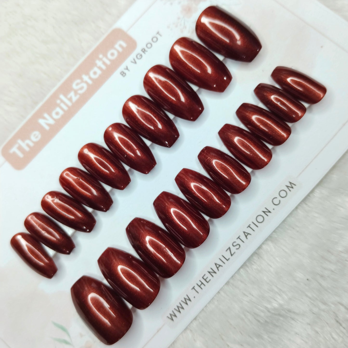 The NailzStation Glossy Maroon Chrome Press on Fake Artificial Nails Set with glue, filer, sticker application kit // 1511