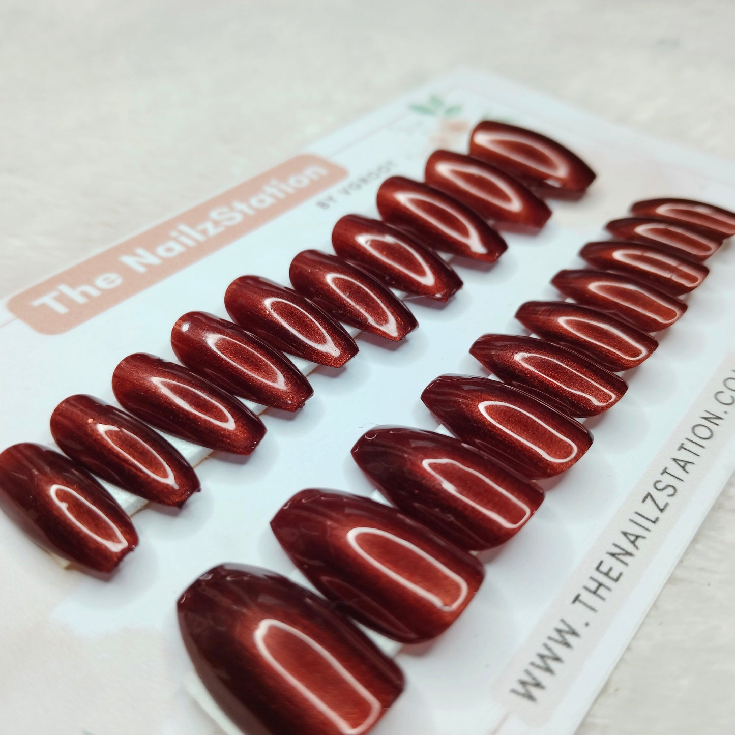 The NailzStation Glossy Maroon Chrome Press on Fake Artificial Nails Set with glue, filer, sticker application kit // 1511