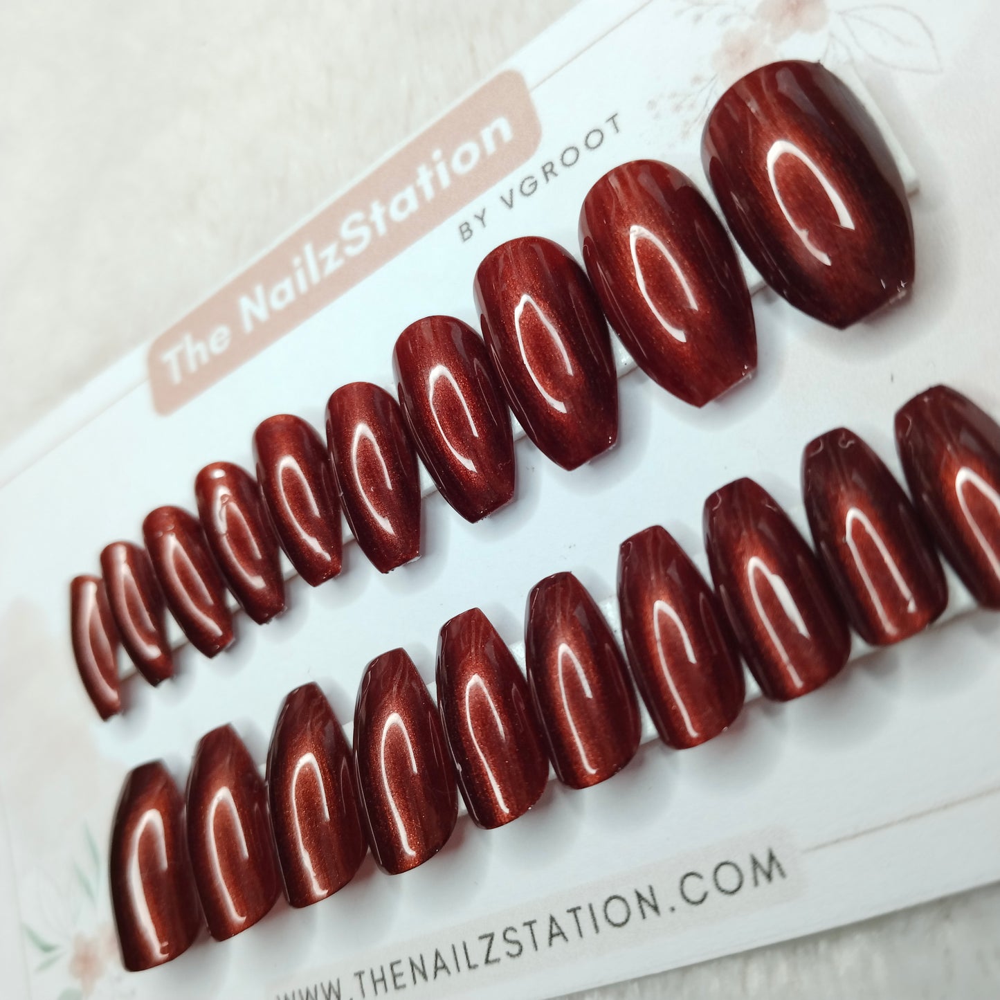 The NailzStation Glossy Maroon Chrome Press on Fake Artificial Nails Set with glue, filer, sticker application kit // 1511