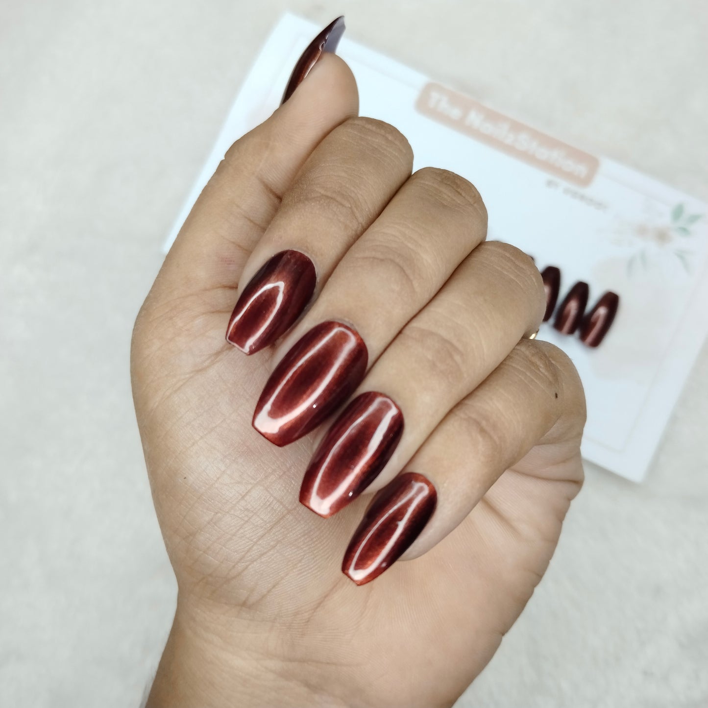 The NailzStation Glossy Maroon Chrome Press on Fake Artificial Nails Set with glue, filer, sticker application kit // 1511