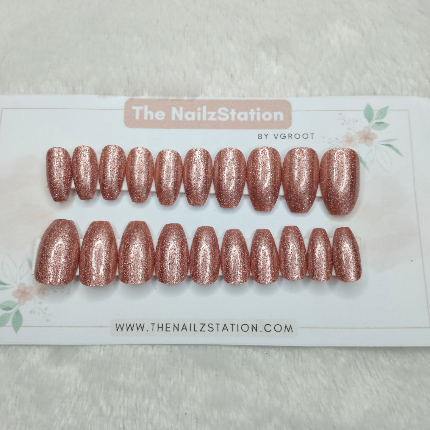 The NailzStation Glossy Peach Glitter Press on Fake Artificial Nails Set with glue, filer, sticker application kit // 1514