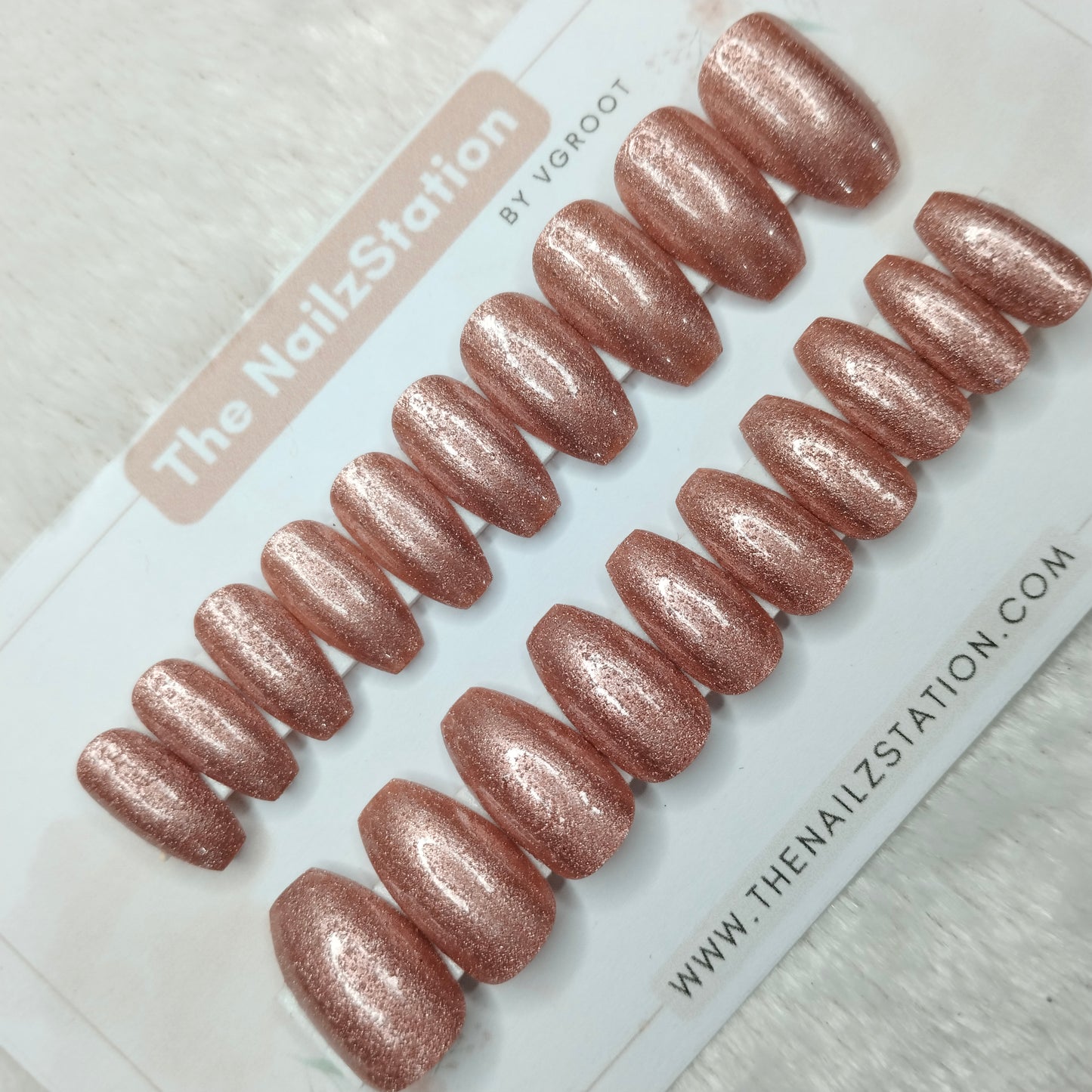 The NailzStation Glossy Peach Glitter Press on Fake Artificial Nails Set with glue, filer, sticker application kit // 1514