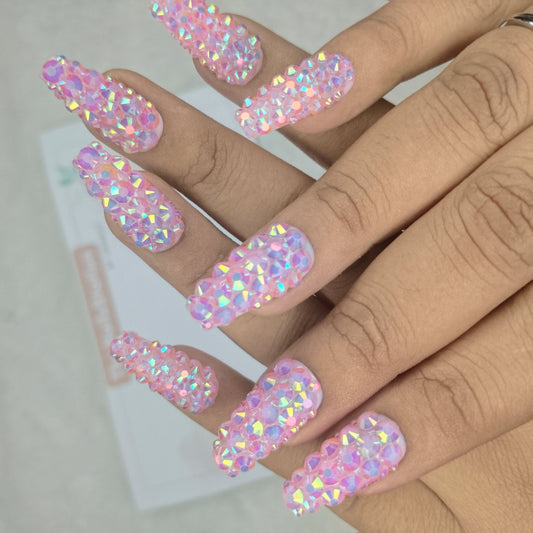 The NailzStation Glossy Pink Water 3D Stones Press on Fake Artificial Nails Set with glue, filer, sticker application kit // 1531