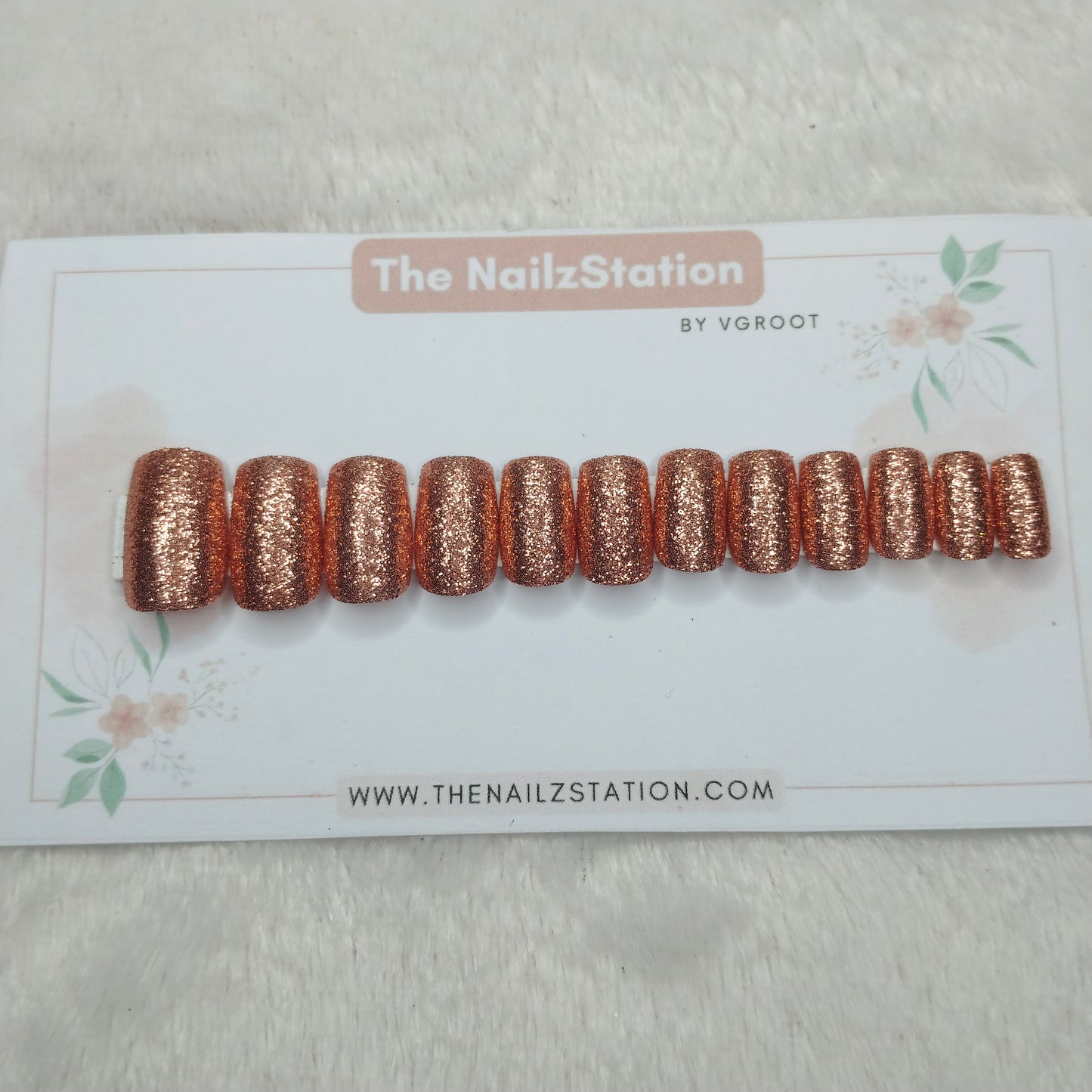 The NailzStation Glossy Peach Chrome Press on Fake Artificial Nails Set with glue, filer, sticker application kit // 1518