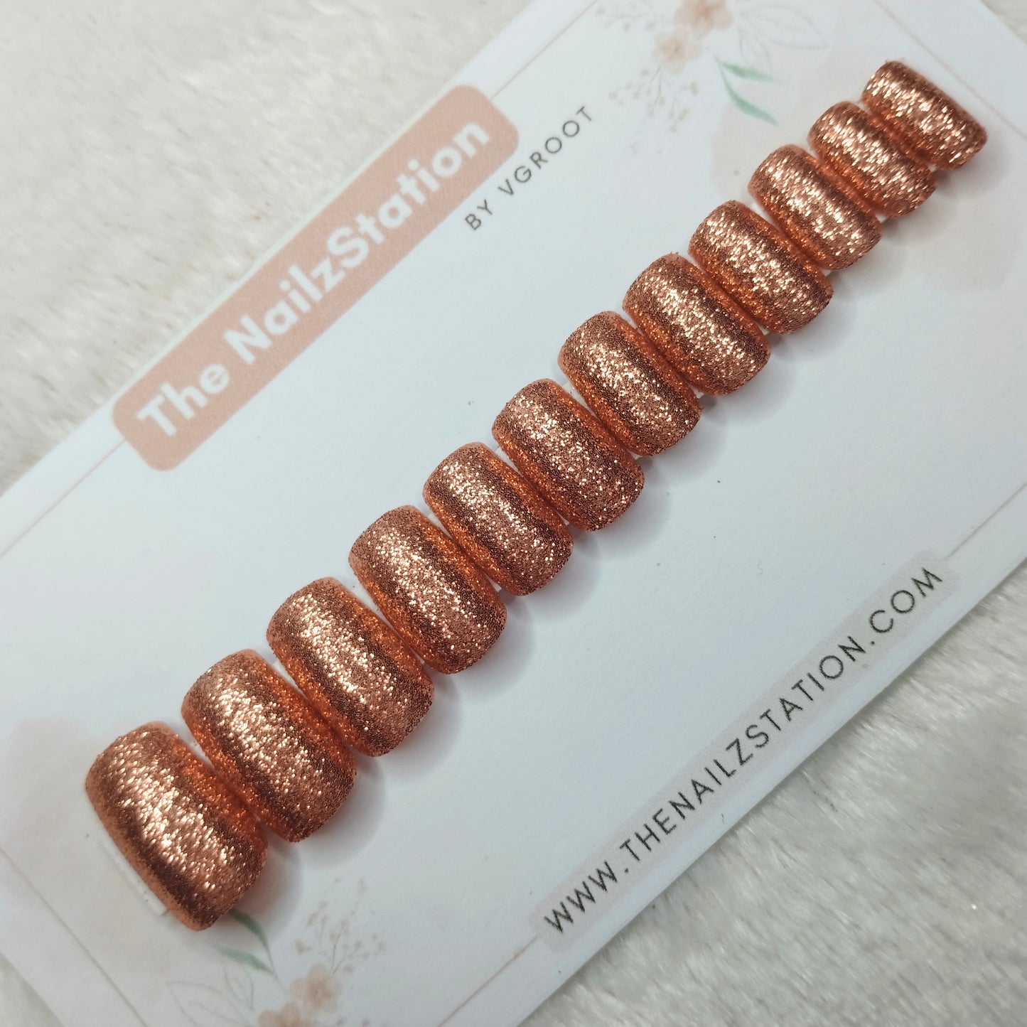 The NailzStation Glossy Peach Chrome Press on Fake Artificial Nails Set with glue, filer, sticker application kit // 1518