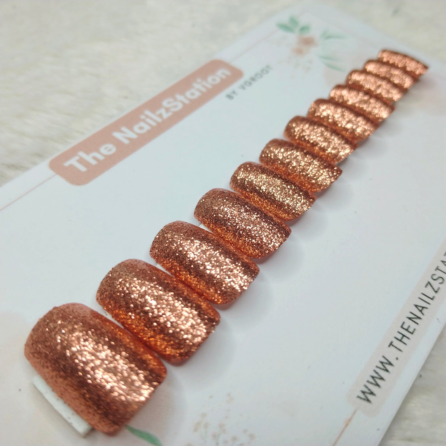 The NailzStation Glossy Peach Chrome Press on Fake Artificial Nails Set with glue, filer, sticker application kit // 1518