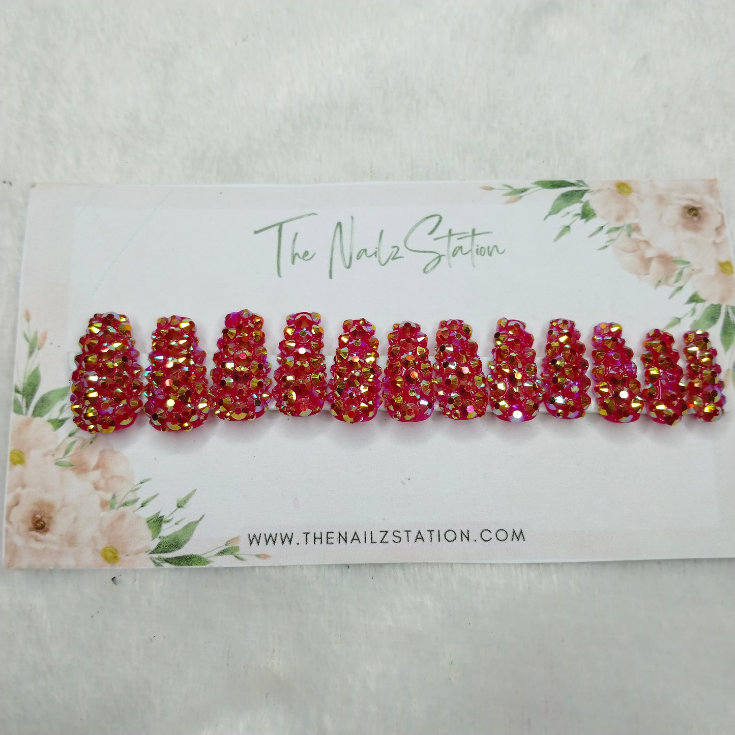 The NailzStation Glossy Red Water 3D Stones Press on Fake Artificial Nails Set with glue, filer, sticker application kit // 1526