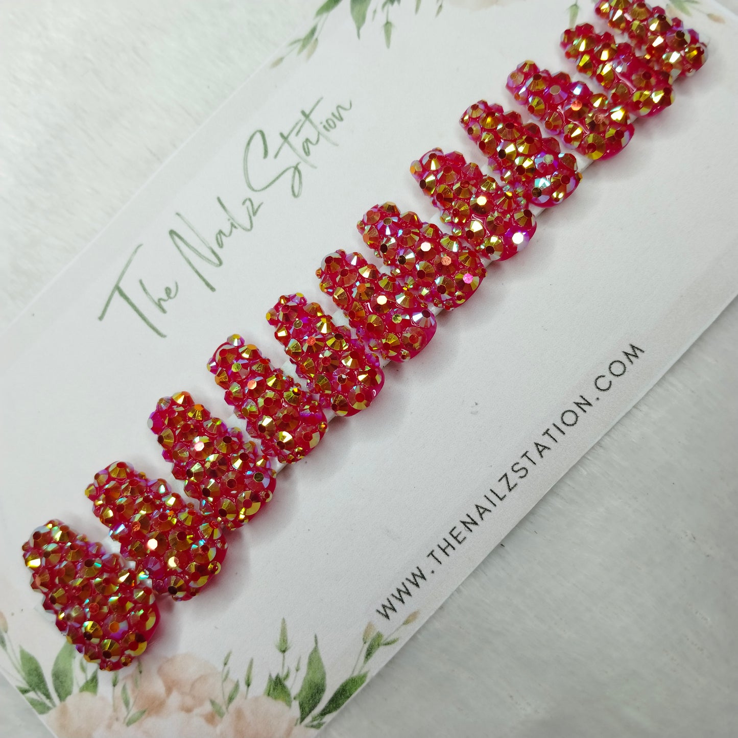 The NailzStation Glossy Red Water 3D Stones Press on Fake Artificial Nails Set with glue, filer, sticker application kit // 1526