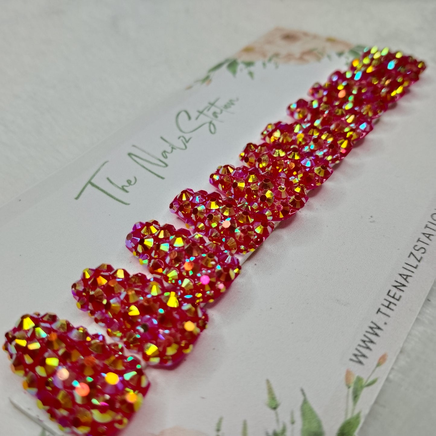 The NailzStation Glossy Red Water 3D Stones Press on Fake Artificial Nails Set with glue, filer, sticker application kit // 1526