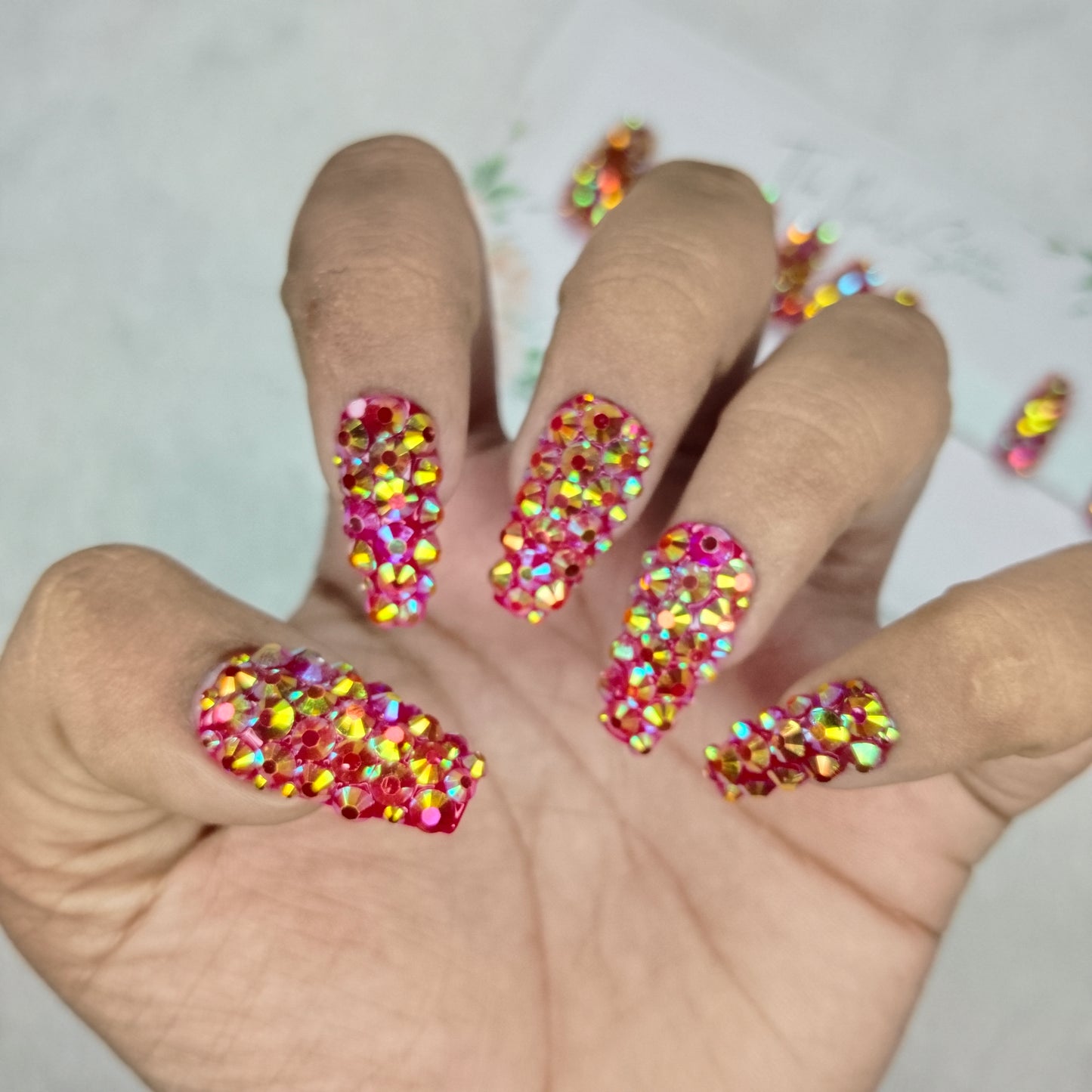 The NailzStation Glossy Red Water 3D Stones Press on Fake Artificial Nails Set with glue, filer, sticker application kit // 1526