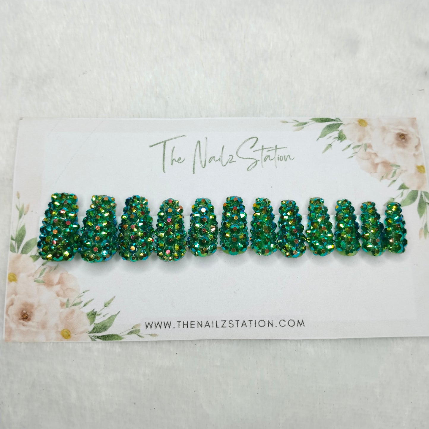 The NailzStation Glossy Green Water 3D Stones Press on Fake Artificial Nails Set with glue, filer, sticker application kit // 1528