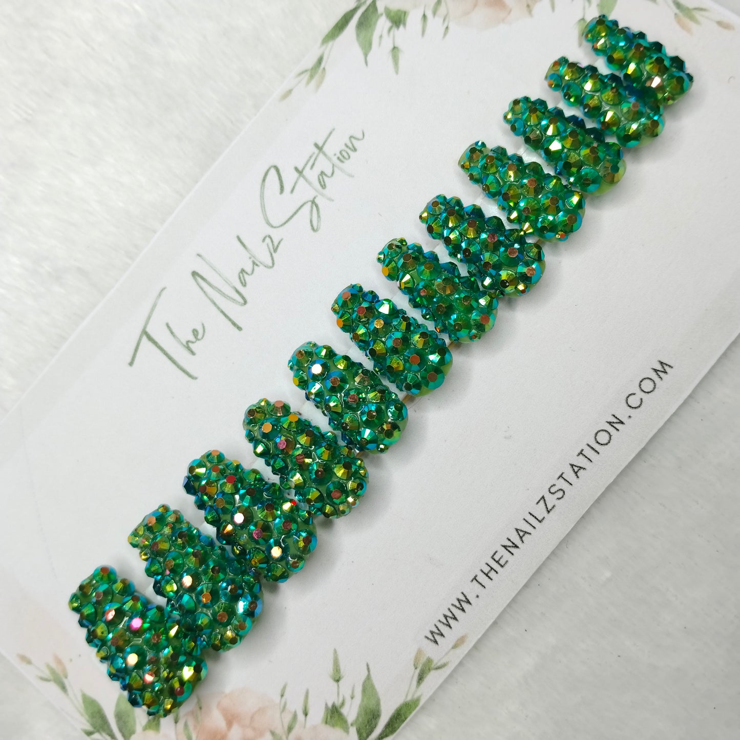 The NailzStation Glossy Green Water 3D Stones Press on Fake Artificial Nails Set with glue, filer, sticker application kit // 1528