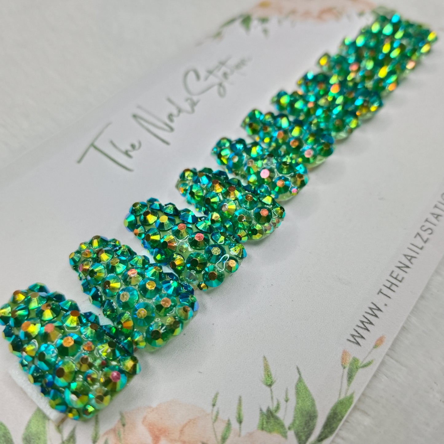 The NailzStation Glossy Green Water 3D Stones Press on Fake Artificial Nails Set with glue, filer, sticker application kit // 1528