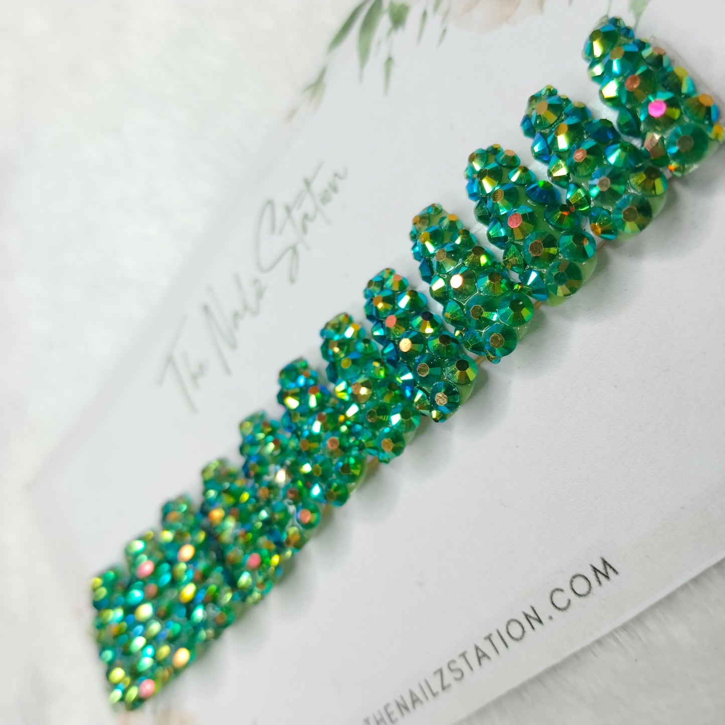 The NailzStation Glossy Green Water 3D Stones Press on Fake Artificial Nails Set with glue, filer, sticker application kit // 1528