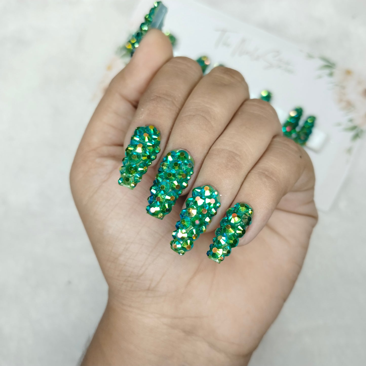 The NailzStation Glossy Green Water 3D Stones Press on Fake Artificial Nails Set with glue, filer, sticker application kit // 1528