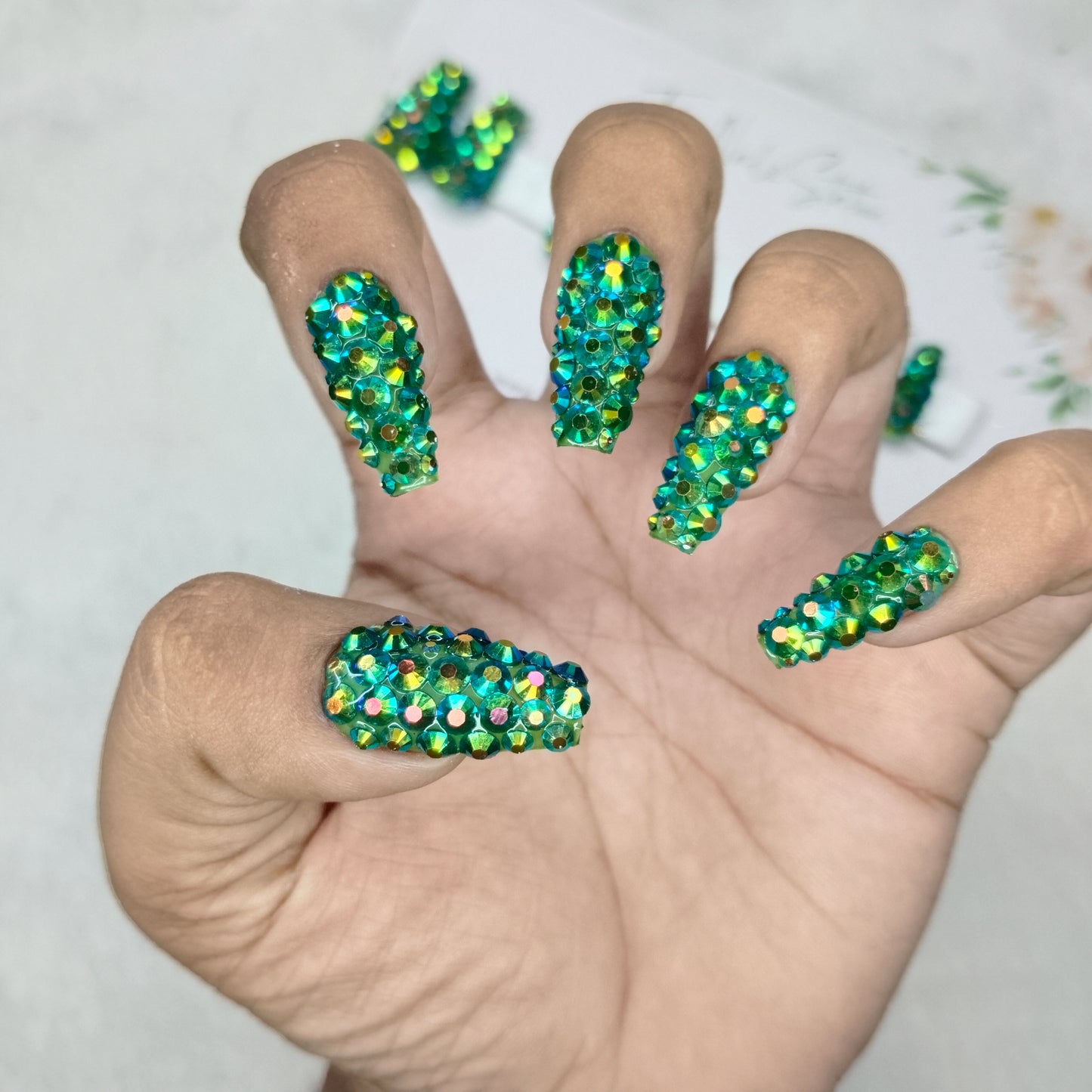 The NailzStation Glossy Green Water 3D Stones Press on Fake Artificial Nails Set with glue, filer, sticker application kit // 1528