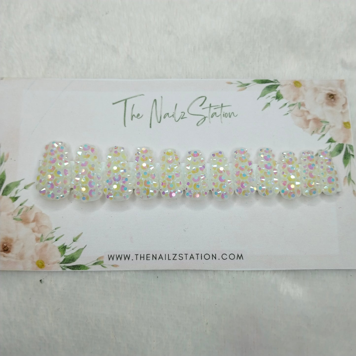 The NailzStation Glossy White Water 3D Stones Press on Fake Artificial Nails Set with glue, filer, sticker application kit // 1529