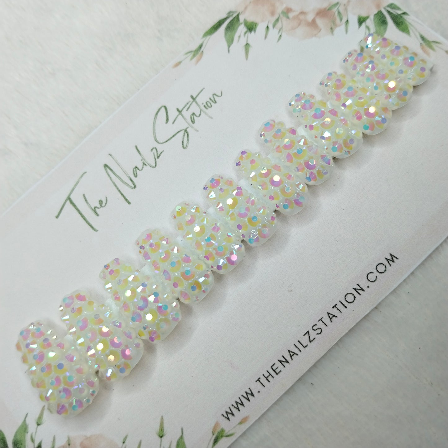 The NailzStation Glossy White Water 3D Stones Press on Fake Artificial Nails Set with glue, filer, sticker application kit // 1529