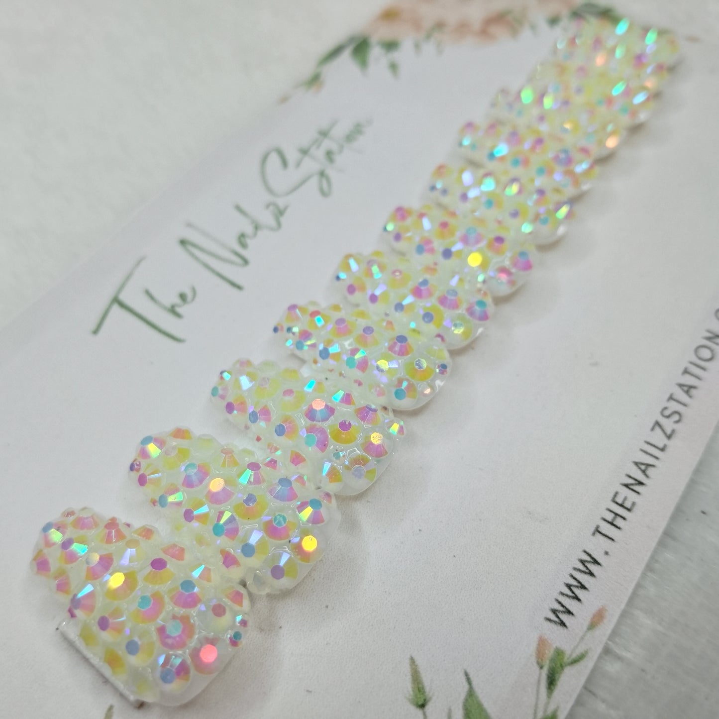 The NailzStation Glossy White Water 3D Stones Press on Fake Artificial Nails Set with glue, filer, sticker application kit // 1529