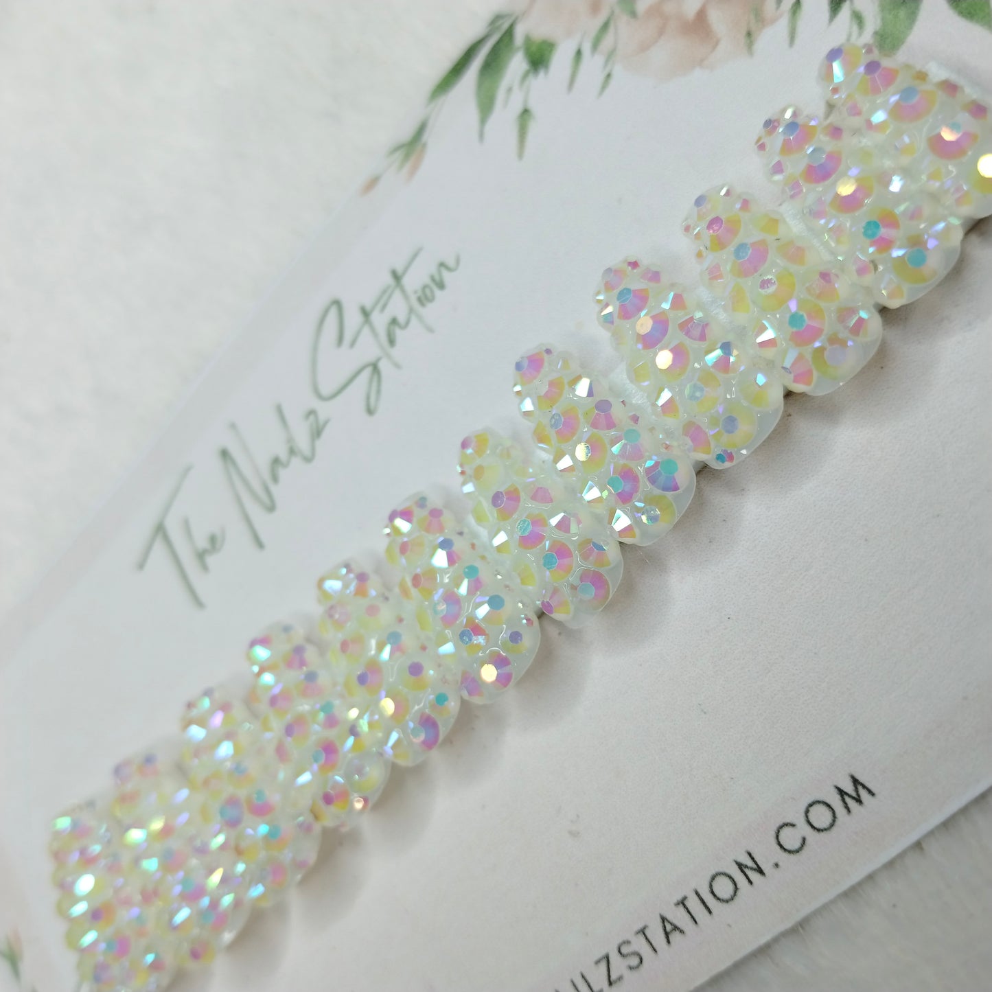 The NailzStation Glossy White Water 3D Stones Press on Fake Artificial Nails Set with glue, filer, sticker application kit // 1529