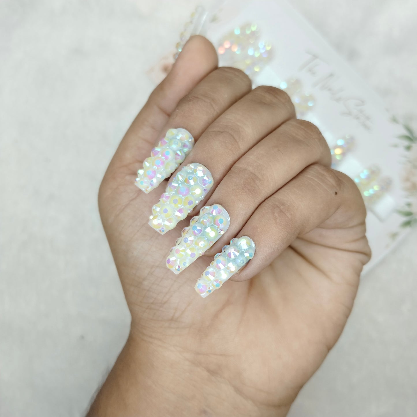 The NailzStation Glossy White Water 3D Stones Press on Fake Artificial Nails Set with glue, filer, sticker application kit // 1529