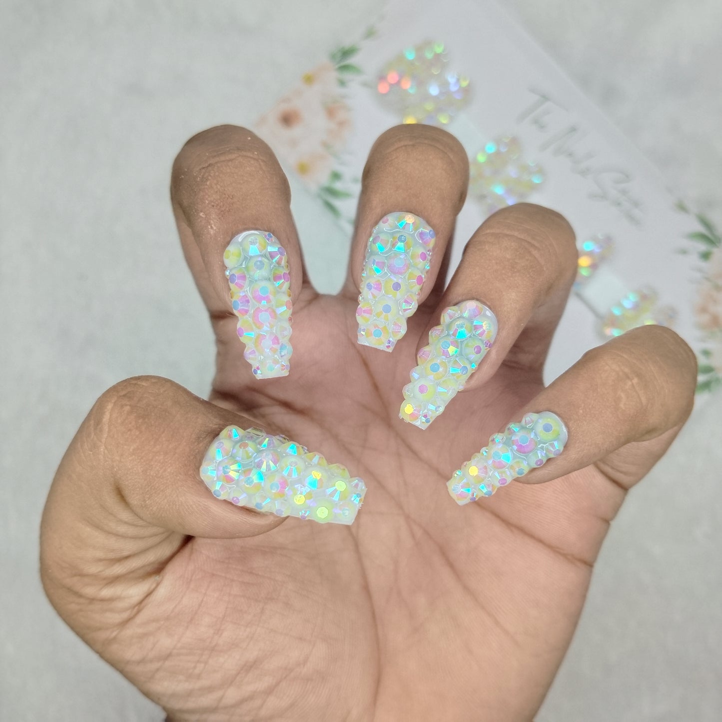 The NailzStation Glossy White Water 3D Stones Press on Fake Artificial Nails Set with glue, filer, sticker application kit // 1529