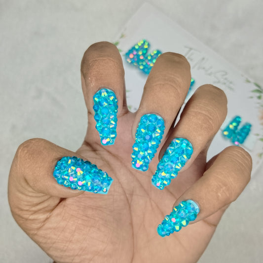 The NailzStation Glossy Blue Water 3D Stones Press on Fake Artificial Nails Set with glue, filer, sticker application kit // 1530