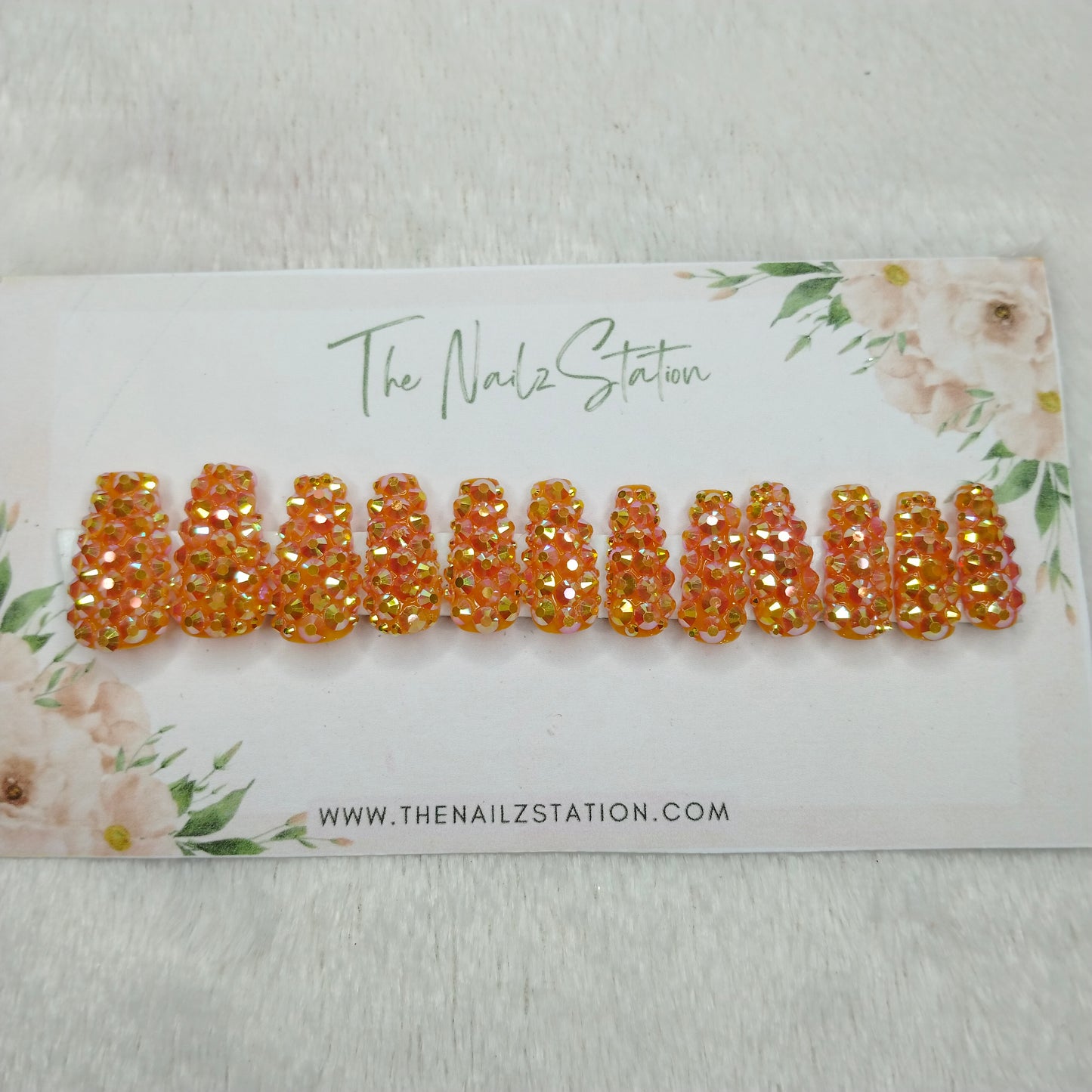 The NailzStation Glossy Orange Water 3D Stones Press on Fake Artificial Nails Set with glue, filer, sticker application kit // 1532