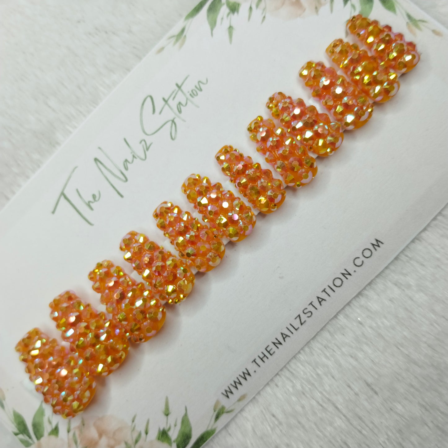 The NailzStation Glossy Orange Water 3D Stones Press on Fake Artificial Nails Set with glue, filer, sticker application kit // 1532