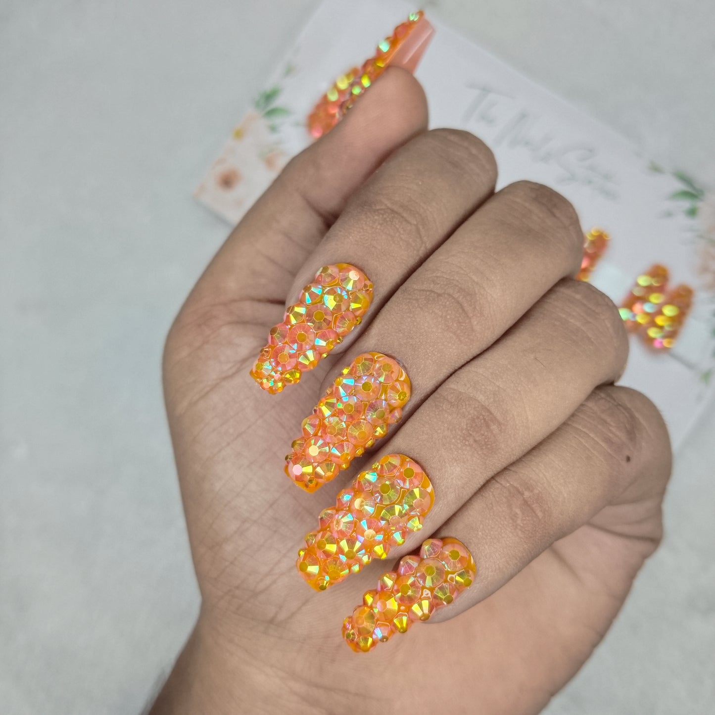 The NailzStation Glossy Orange Water 3D Stones Press on Fake Artificial Nails Set with glue, filer, sticker application kit // 1532