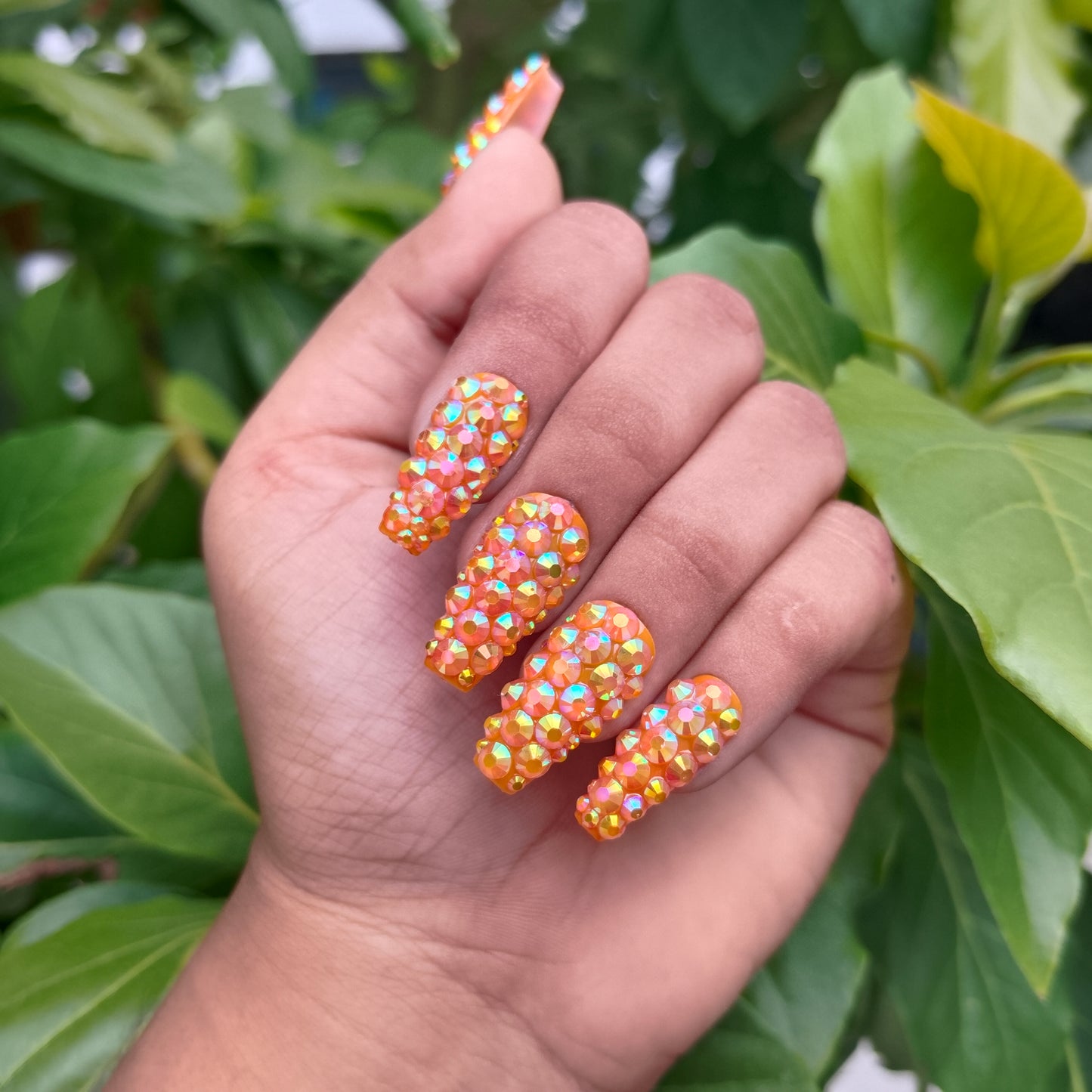 The NailzStation Glossy Orange Water 3D Stones Press on Fake Artificial Nails Set with glue, filer, sticker application kit // 1532