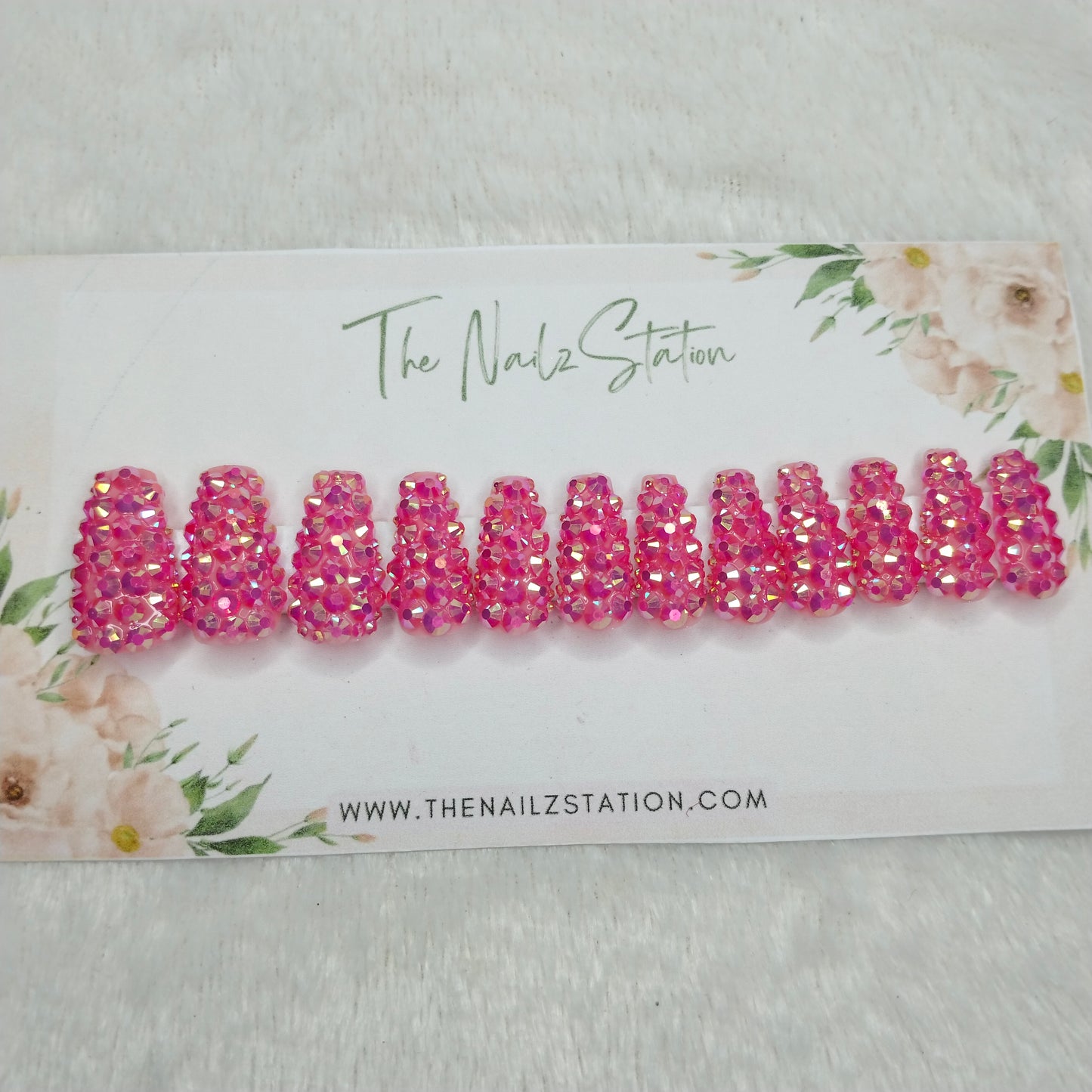 The NailzStation Glossy Pink Water 3D Stones Press on Fake Artificial Nails Set with glue, filer, sticker application kit // 1533