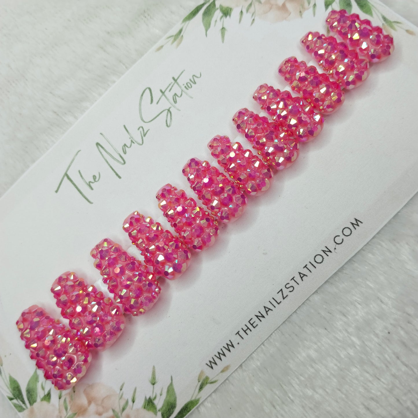 The NailzStation Glossy Pink Water 3D Stones Press on Fake Artificial Nails Set with glue, filer, sticker application kit // 1533