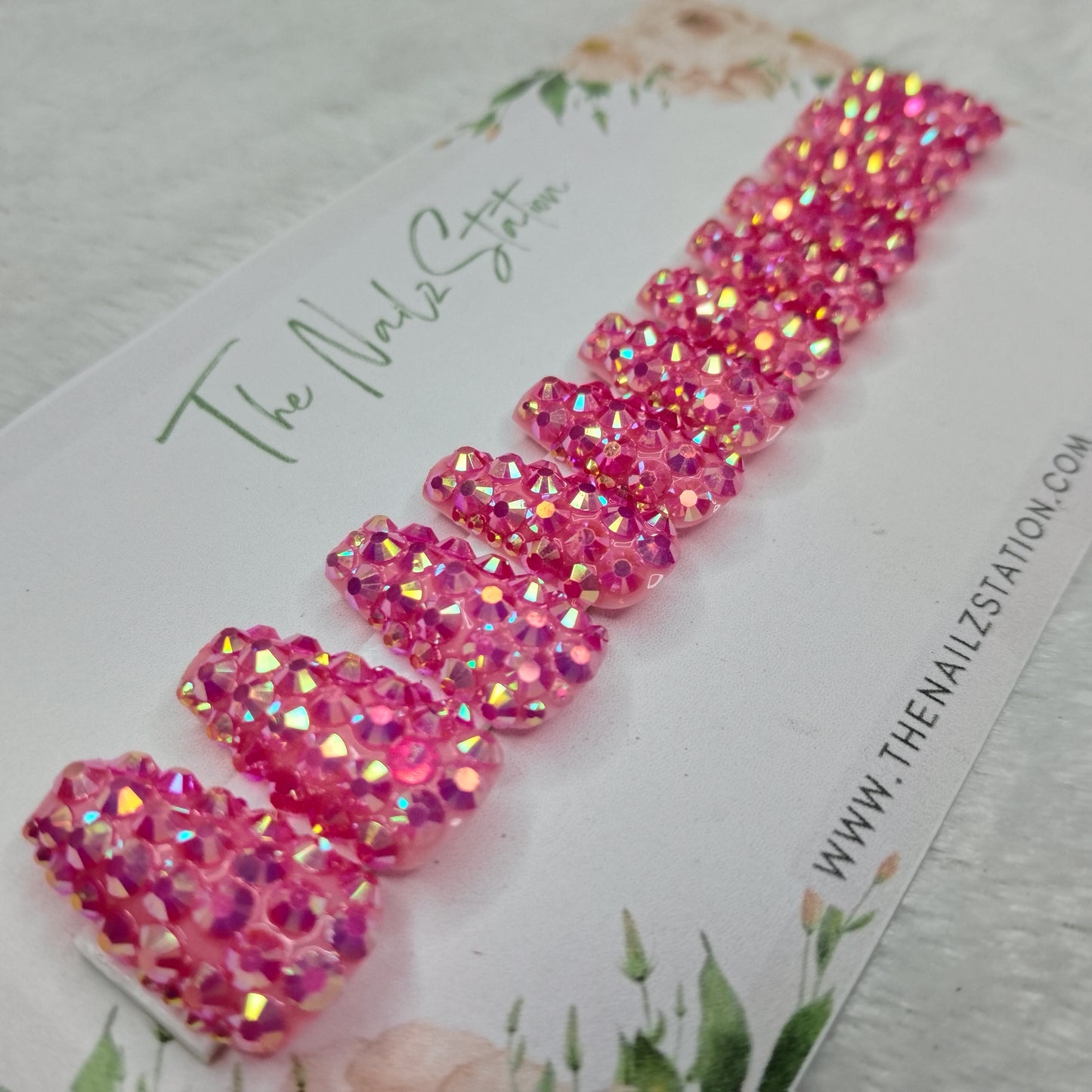 The NailzStation Glossy Pink Water 3D Stones Press on Fake Artificial Nails Set with glue, filer, sticker application kit // 1533