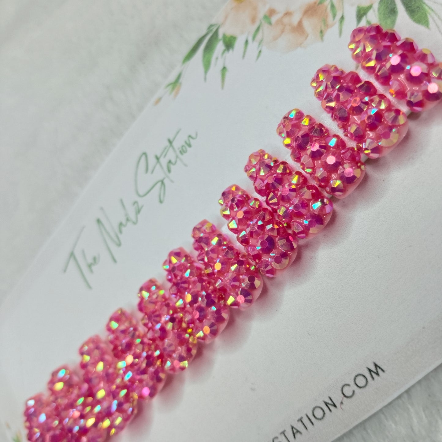 The NailzStation Glossy Pink Water 3D Stones Press on Fake Artificial Nails Set with glue, filer, sticker application kit // 1533