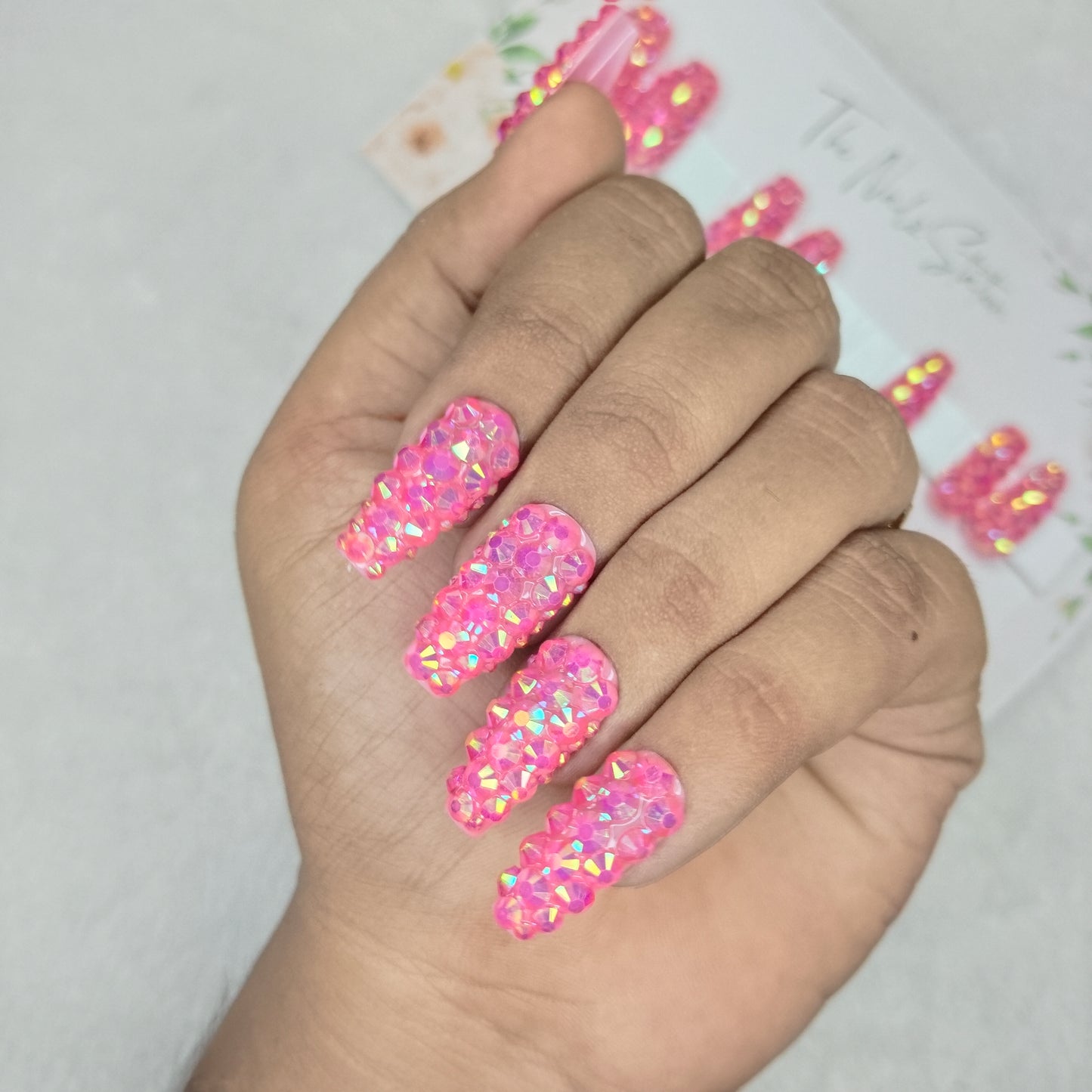 The NailzStation Glossy Pink Water 3D Stones Press on Fake Artificial Nails Set with glue, filer, sticker application kit // 1533