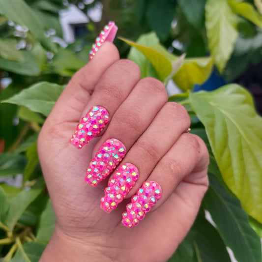 The NailzStation Glossy Pink Water 3D Stones Press on Fake Artificial Nails Set with glue, filer, sticker application kit // 1533