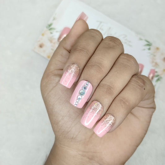 The NailzStation Glossy Light Pink Glitter Studded Press on Fake Artificial Nails Set with glue, filer, sticker application kit // 1539