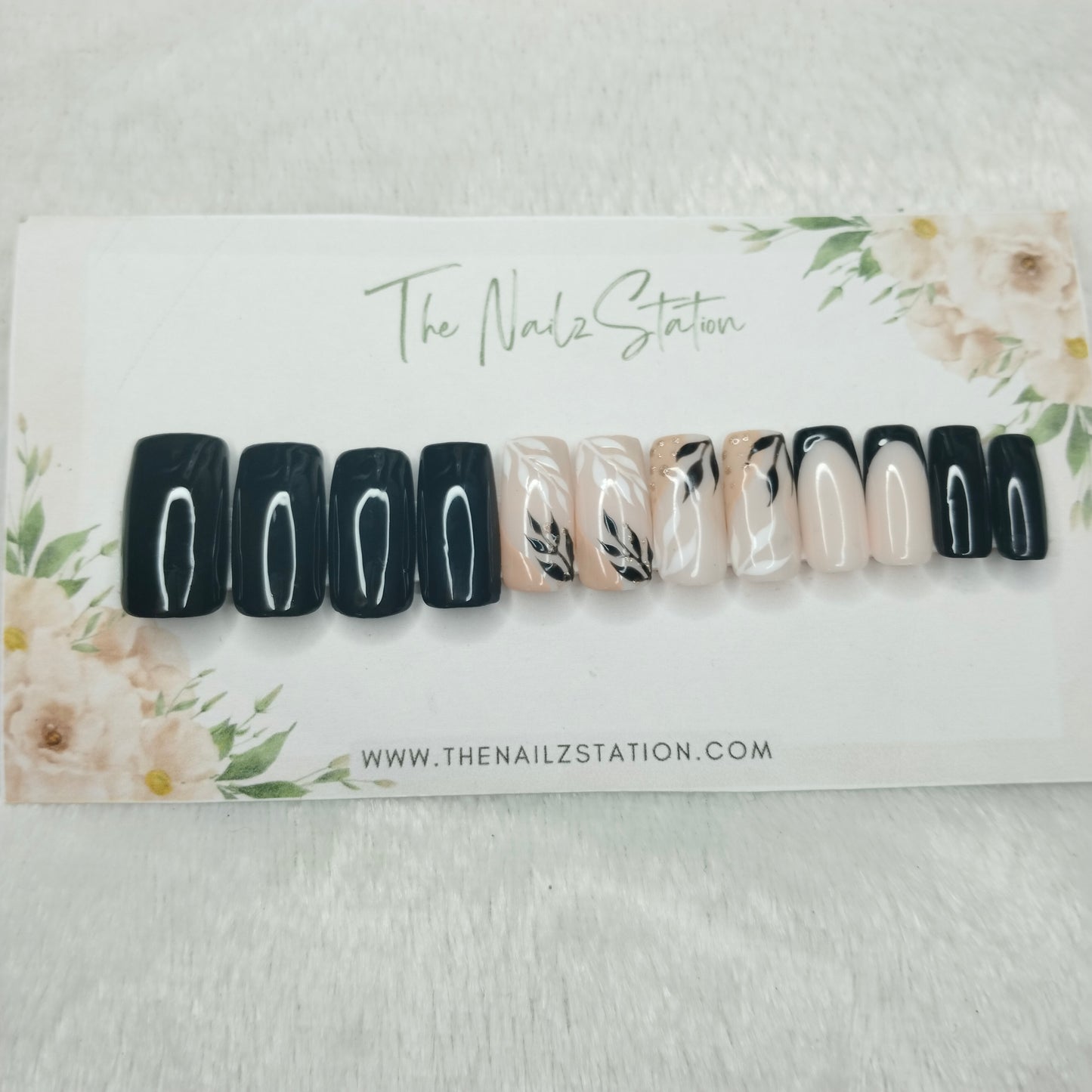 The NailzStation Glossy Black Floral Press on Fake Artificial Nails Set with glue, filer, sticker application kit // 1538