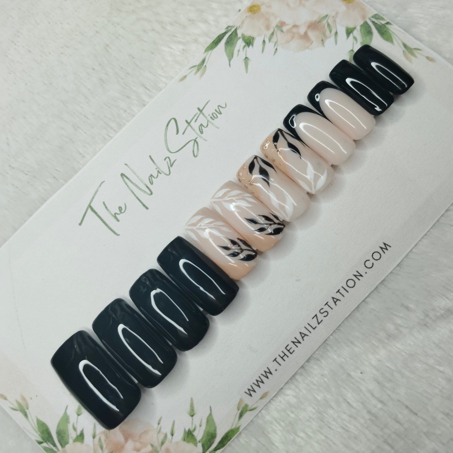 The NailzStation Glossy Black Floral Press on Fake Artificial Nails Set with glue, filer, sticker application kit // 1538