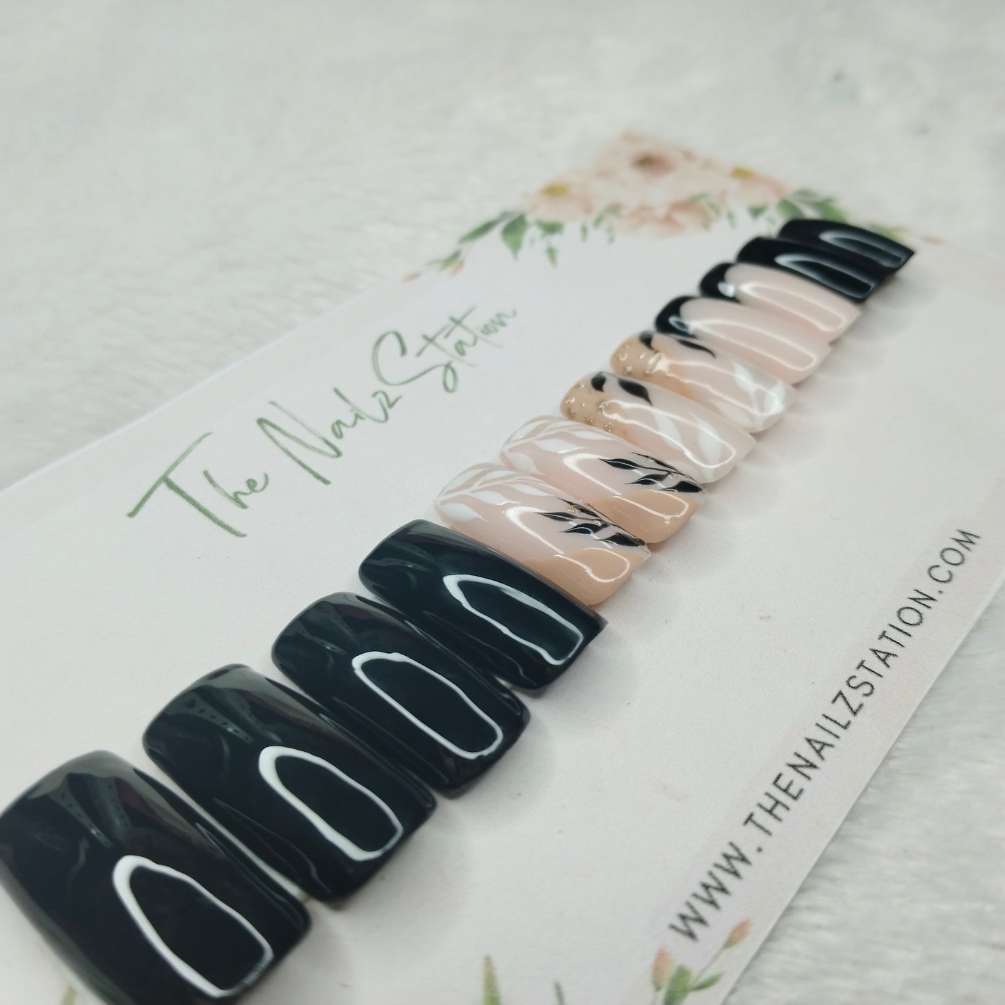 The NailzStation Glossy Black Floral Press on Fake Artificial Nails Set with glue, filer, sticker application kit // 1538