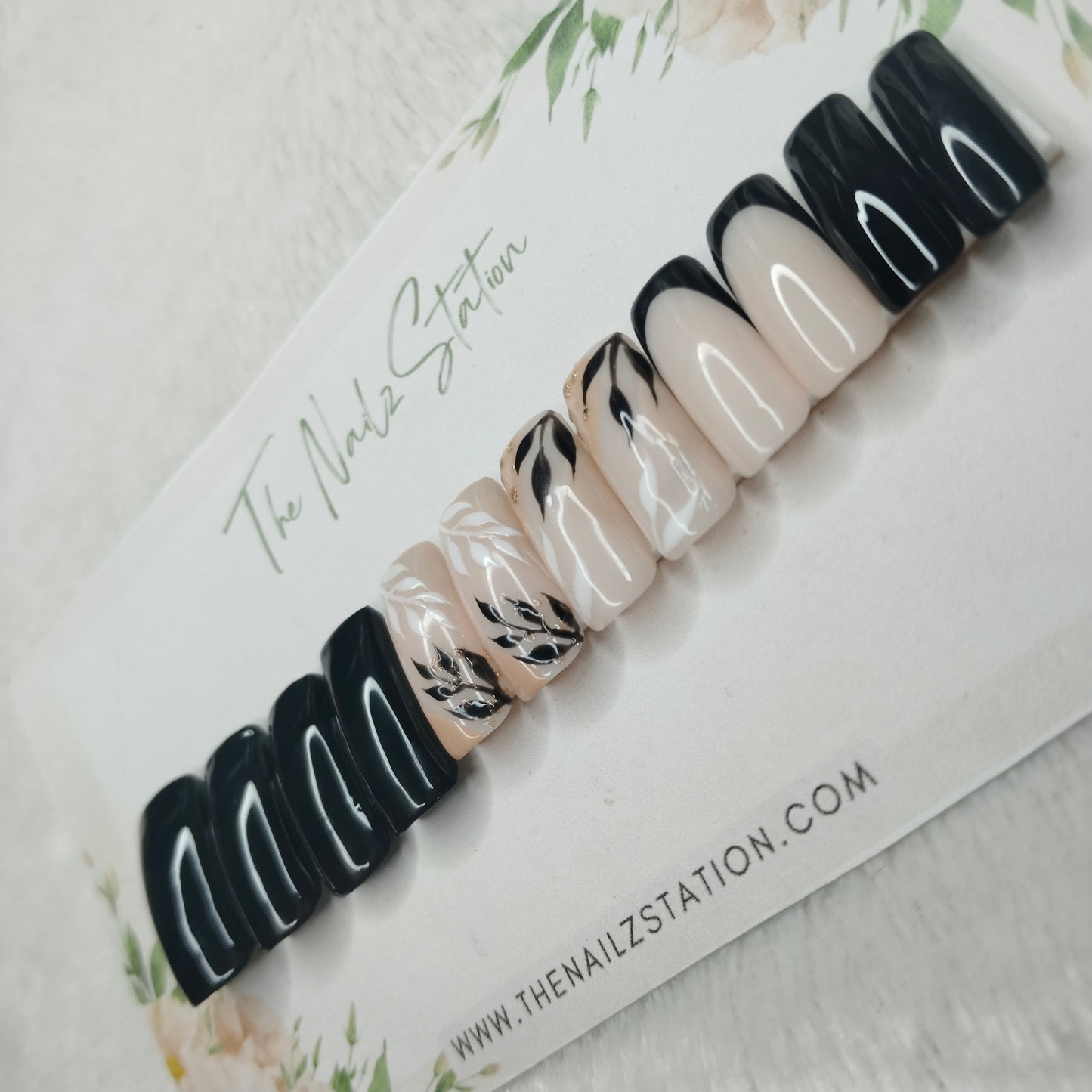 The NailzStation Glossy Black Floral Press on Fake Artificial Nails Set with glue, filer, sticker application kit // 1538