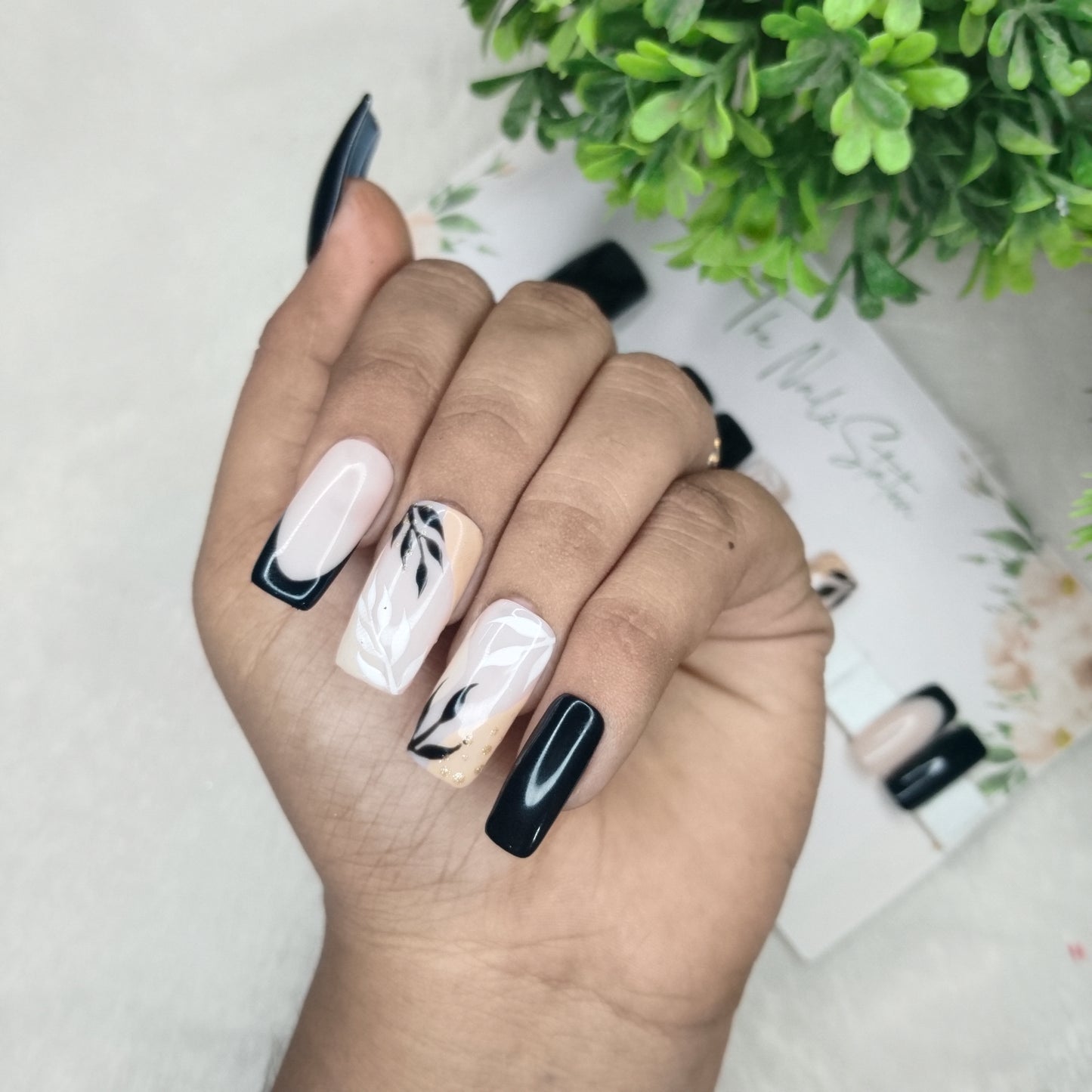 The NailzStation Glossy Black Floral Press on Fake Artificial Nails Set with glue, filer, sticker application kit // 1538