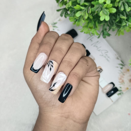 The NailzStation Glossy Black Floral Press on Fake Artificial Nails Set with glue, filer, sticker application kit // 1538