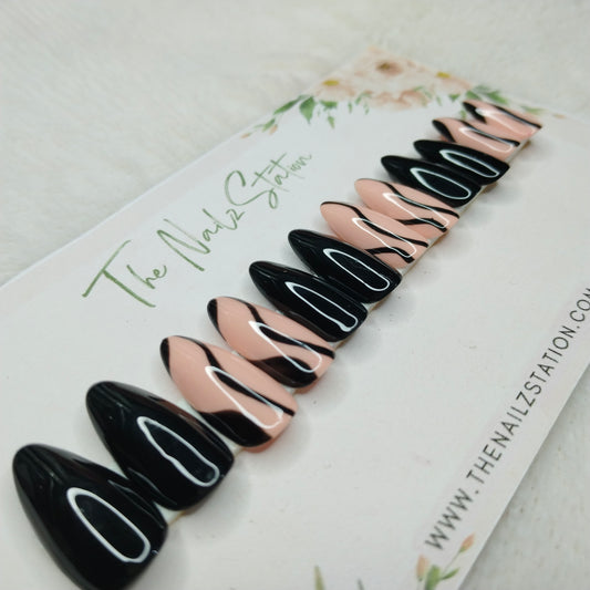 The NailzStation Glossy Black Swirls Press on Fake Artificial Nails Set with glue, filer, sticker application kit // 1536