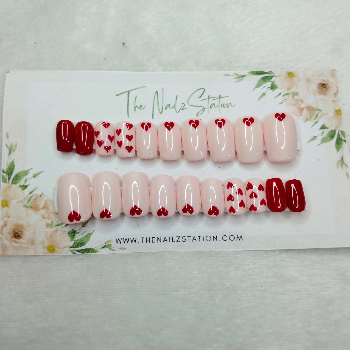 The NailzStation Glossy Nude Red Hearts Press on Fake Artificial Nails Set with glue, filer, sticker application kit // 1535