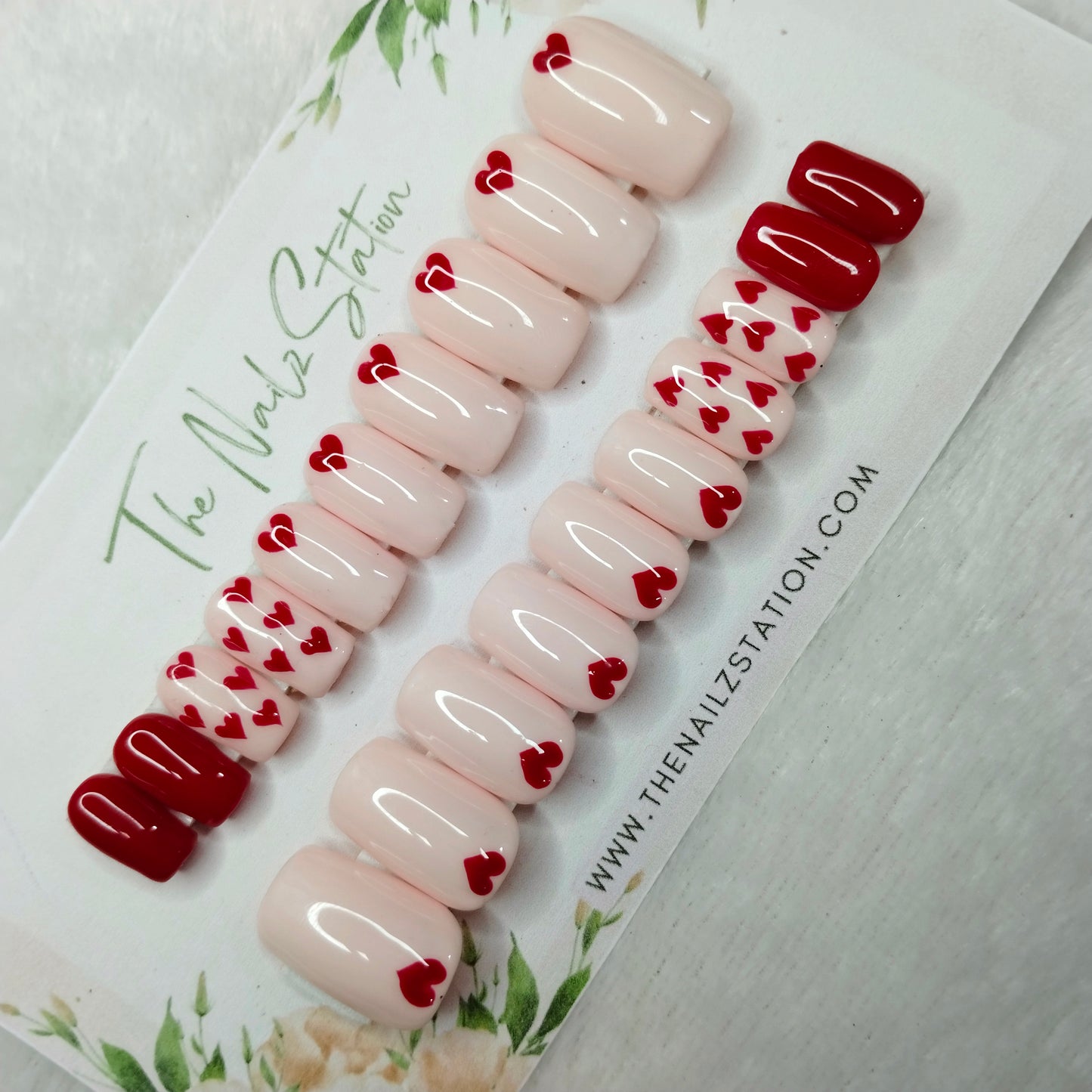 The NailzStation Glossy Nude Red Hearts Press on Fake Artificial Nails Set with glue, filer, sticker application kit // 1535