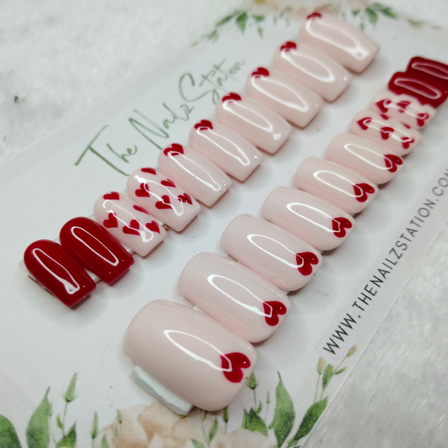 The NailzStation Glossy Nude Red Hearts Press on Fake Artificial Nails Set with glue, filer, sticker application kit // 1535