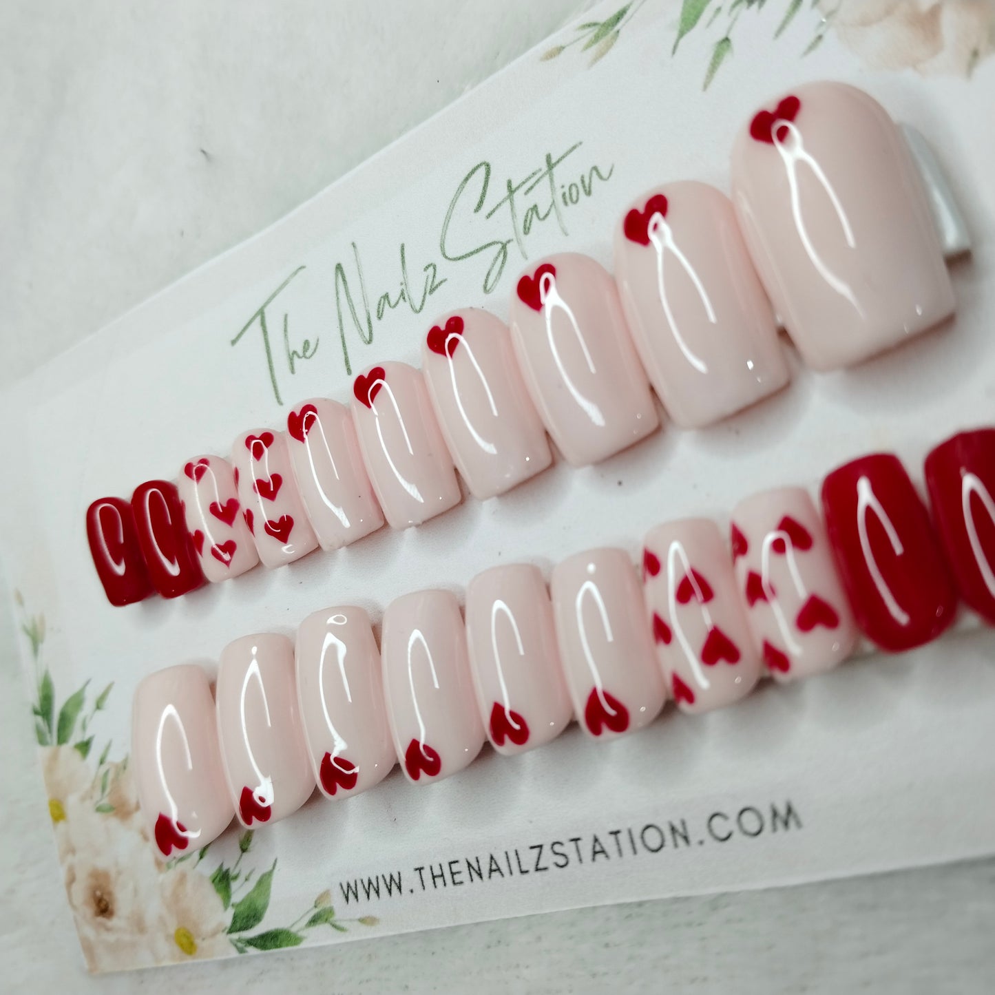 The NailzStation Glossy Nude Red Hearts Press on Fake Artificial Nails Set with glue, filer, sticker application kit // 1535