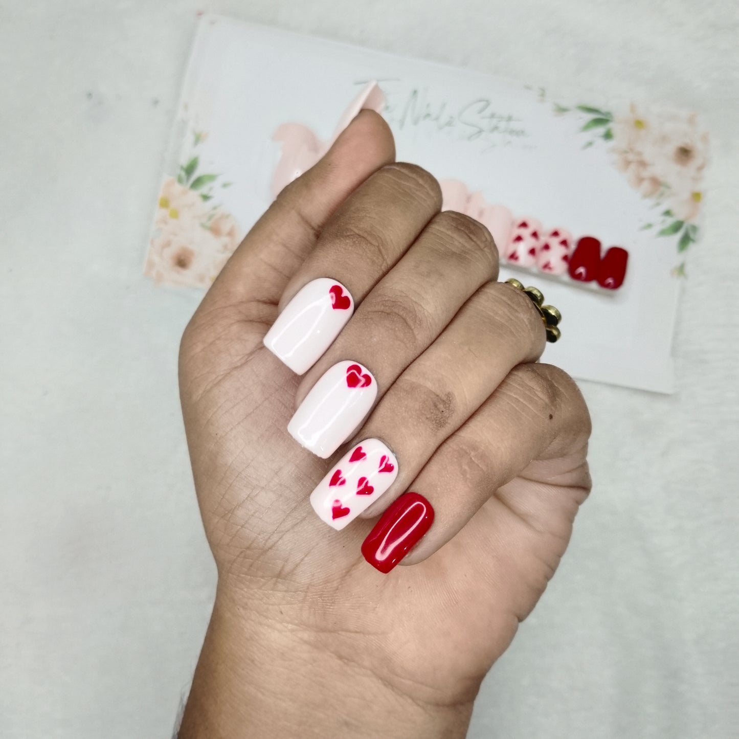 The NailzStation Glossy Nude Red Hearts Press on Fake Artificial Nails Set with glue, filer, sticker application kit // 1535